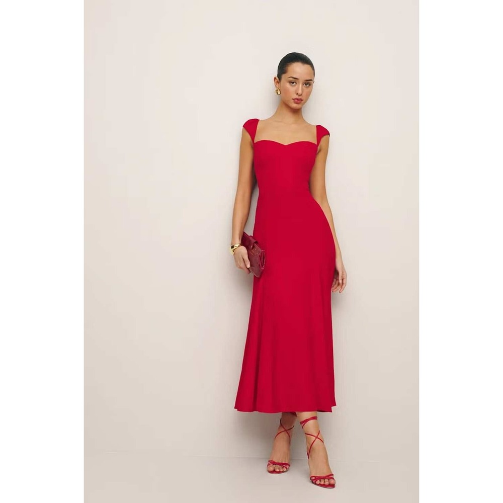 Reformation Bryson Sweetheart Midi Dress Size 10 Cherry Red